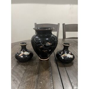Fenton‎ Autumn On Black Vase Candle Holders Set Console Fall Leaves Hand Painted